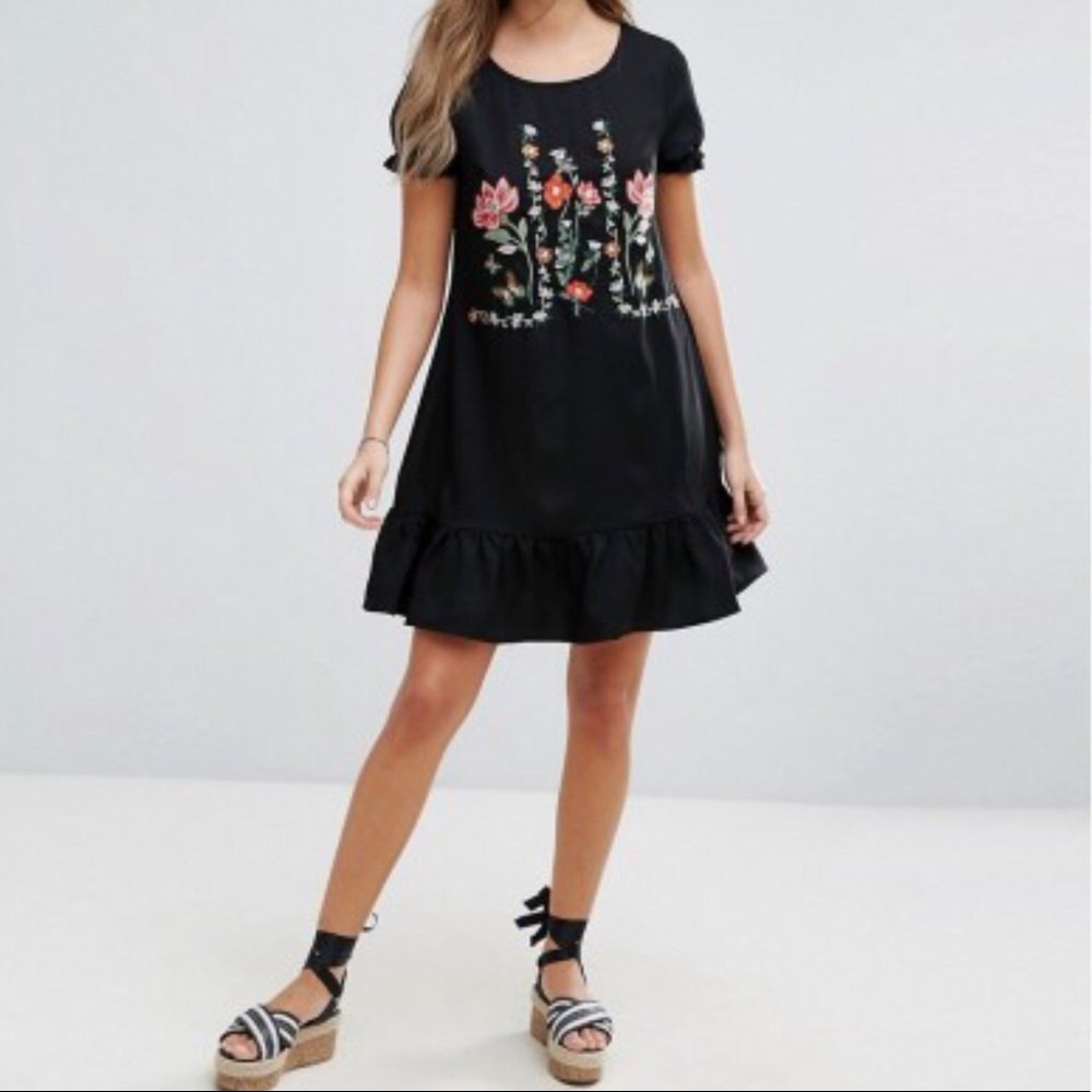 ASOS Boohoo black drop hem embroidered dress
